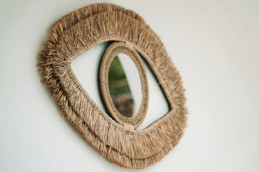 Eye raffia mirror - Natural - M